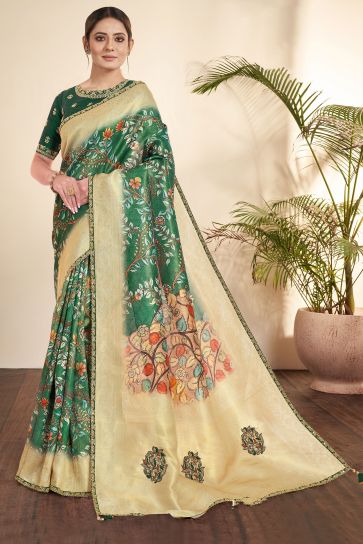 Green Color Printed Work On Tissue Fabric Stunning Saree