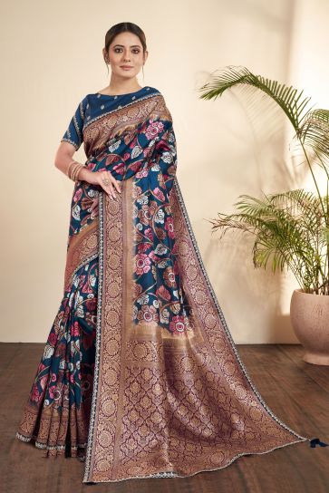 Beguiling Printed Work On Blue Color Tissue Fabric Saree