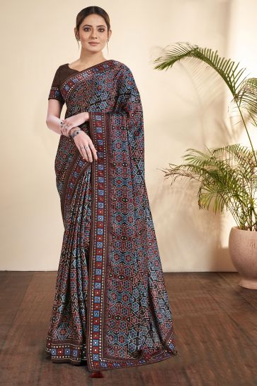 Incredible Printed Work On Gajji Silk Fabric Brown Color Saree