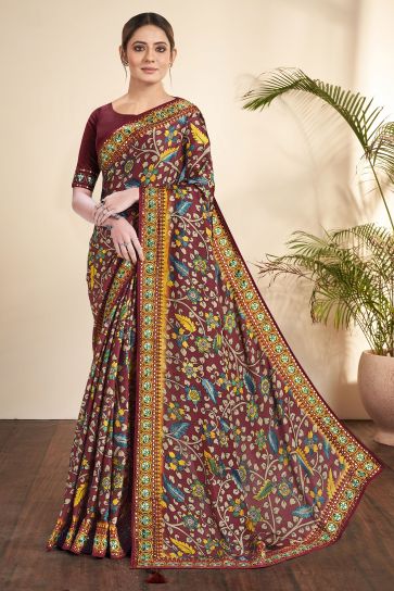 Tempting Gajji Silk Fabric Brown Color Saree With Printed Work