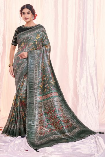Grey Color Tissue Fabric Special Saree With Printed Work