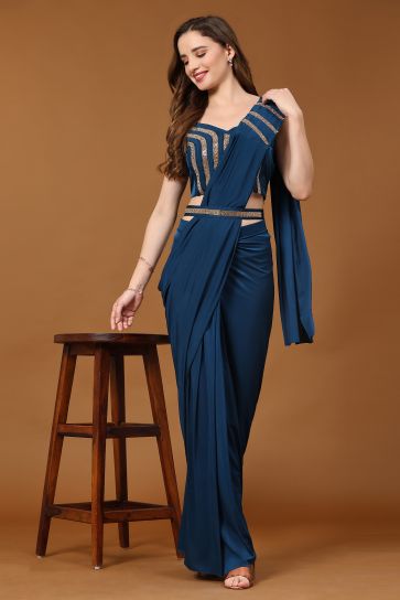 Attractive Ready To Wear Fancy Fabric Saree In Blue Color