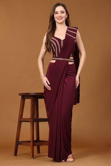 Alluring Maroon Color Ready To Wear Fancy Fabric Saree