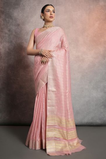 Pink Color Exclusive Zari Weaving Border Work Tissue Linen Fabric Sarees