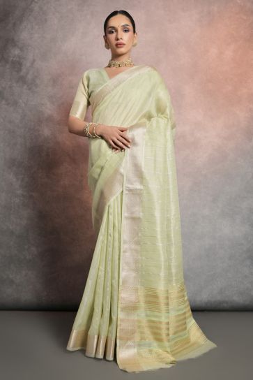Green Color Zari Weaving Border Work Function Wear Tissue Linen Fabric Saree