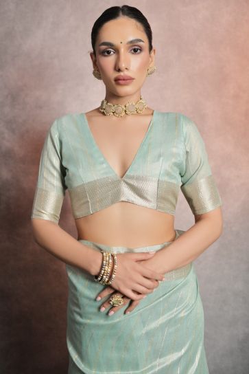 Attractive Sea Green Color Zari Weaving Border Work Tissue Linen Fabric Traditional Saree