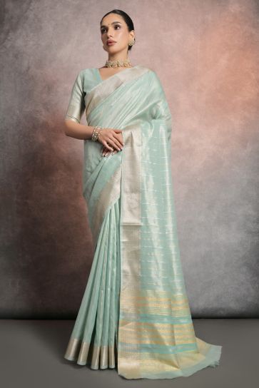Attractive Sea Green Color Zari Weaving Border Work Tissue Linen Fabric Traditional Saree