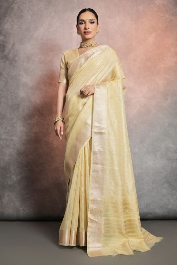 Delightful Yellow Color Zari Weaving Border Work Tissue Linen Fabric Function Wear Saree