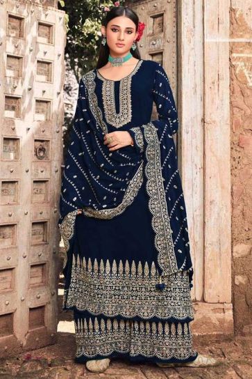 Navy Blue Color Embellished Embroidered Palazzo Suit In Georgette Fabric
