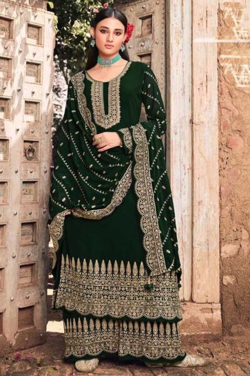 Stunning Dark Green Color Georgette Fabric Embroidered Palazzo Suit