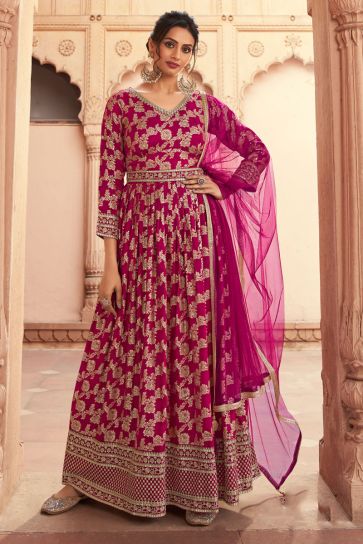 Art Silk Fabric Function Style Beatific Anarkali Suit In Rani Color