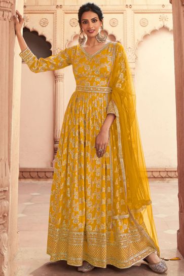 Yellow Color Art Silk Fabric Adorming Function Style Anarkali Suit
