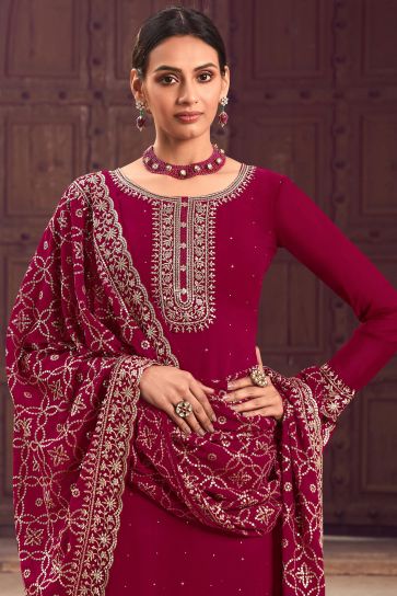 Magenta Color Function Wear Embroidered Palazzo Salwar Suit In Georgette Fabric