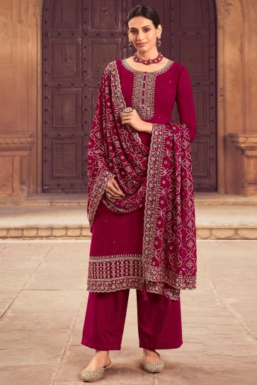 Magenta Color Function Wear Embroidered Palazzo Salwar Suit In Georgette Fabric