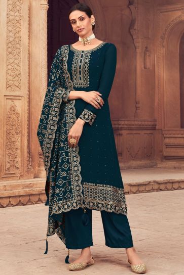 Festive Wear Embroidered Georgette Fabric Palazzo Suit In Blue Color