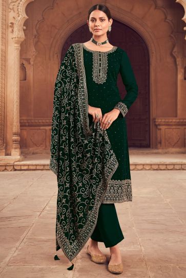 Georgette Fabric Embroidered Dark Green Color Festive Wear Palazzo Salwar Suit