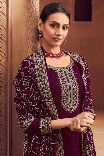 Georgette Fabric Fancy Embroidered Function Wear Palazzo Salwar Kameez In Wine Color