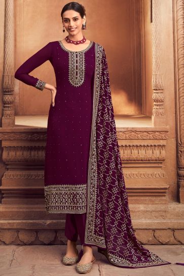 Georgette Fabric Fancy Embroidered Function Wear Palazzo Salwar Kameez In Wine Color