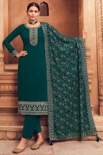 Teal Color Festive Wear Embroidered Palazzo Salwar Suit In Georgette Fabric