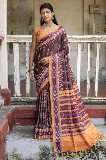 Brown Cotton Silk Fabric Casual Simple Printed Saree