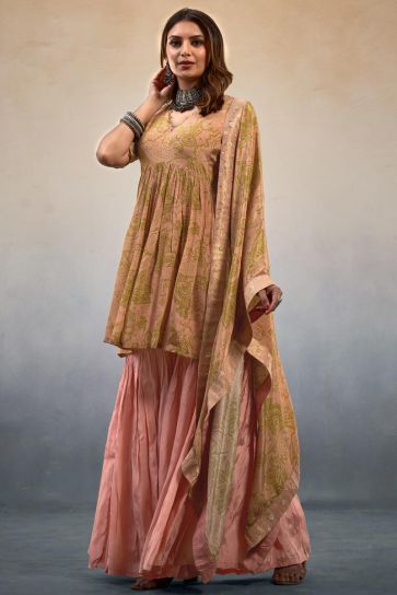 Pink Color Viscose Crepe Fabric Wedding Wear Readymade Sharara Set