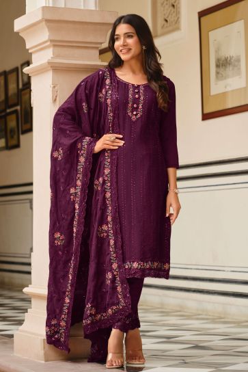 Fabulous Embroidered Chinon Fabric Purple Color Salwar Suit