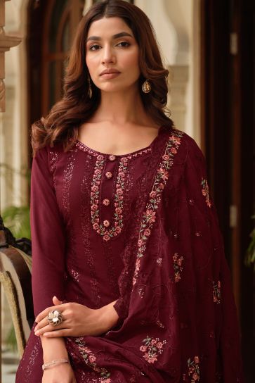 Maroon Color Chinon Fabric Glamorous Embroidered Salwar Suit