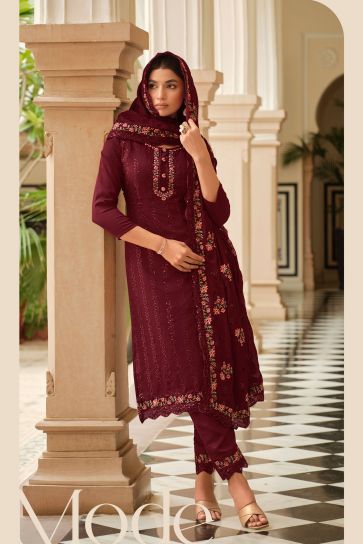 Maroon Color Chinon Fabric Glamorous Embroidered Salwar Suit