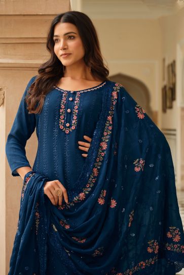 Chinon Fabric Blue Color Function Wear Gorgeous Salwar Suit