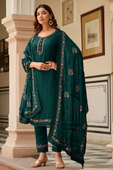 Function Wear Chinon Fabric Teal Color Beatific Salwar Suit