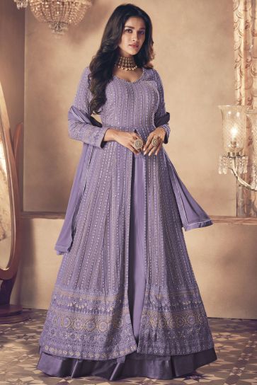 Lavender Color Georgette Fabric Embroidered Sangeet Wear Stylish Readymade Sharara Top Lehenga