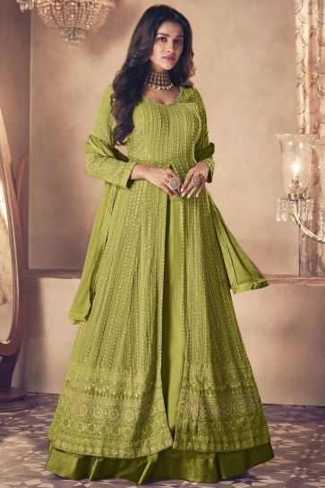 Attractive Green Color Sangeet Wear Georgette Fabric Readymade Sharara Top Lehenga