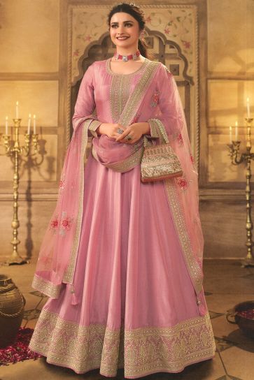 Prachi Desai Sangeet Wear Pink Color Art Silk Admirable Anarkali Suit