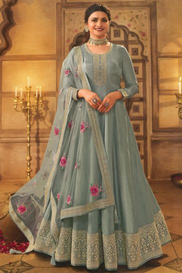 Prachi Desai Adorning Light Cyan Color Sangeet Wear Art Silk Anarkali Suit