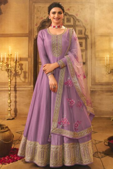 Prachi Desai Intricate Lavender Color Sangeet Wear Art Silk Anarkali Suit