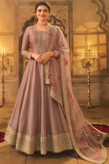 Prachi Desai Art Silk Chikoo Color Sangeet Wear Imposing Anarkali Suit