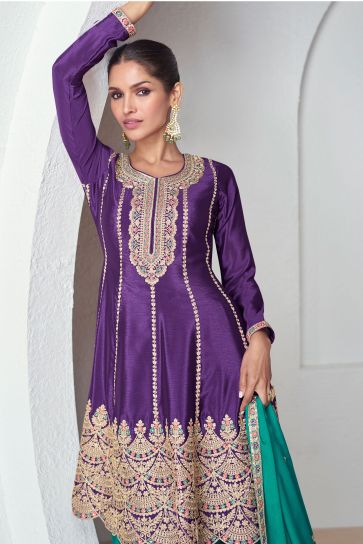 Vartika Singh Purple Color Chinon Fabric Readymade Palazzo Suit with Embroidered Work
