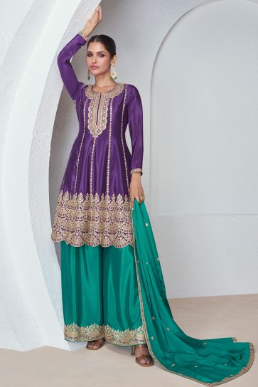 Vartika Singh Purple Color Chinon Fabric Readymade Palazzo Suit with Embroidered Work