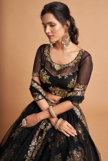 Coveted Embroidered Work On Black Color Net Fabric Lehenga In Sangeet Wear