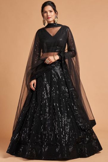 Black Color Net Fabric Sangeet Wear Precious Lehenga With Embroidered Work