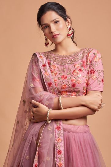 Net Fabric Pink Color Enthralling Sangeet Wear Lehenga With Embroidered Work