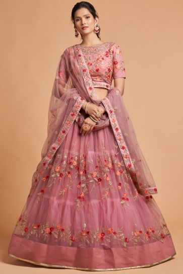 Net Fabric Pink Color Enthralling Sangeet Wear Lehenga With Embroidered Work