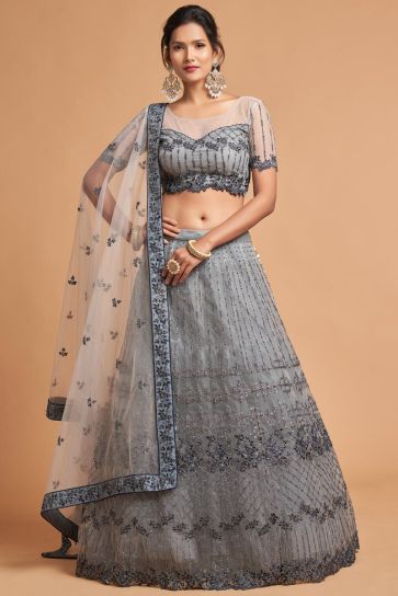 Net Fabric Sangeet Wear Grey Color Provocative Lehenga With Embroidered Work