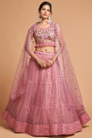 Embroidered Work Pink Color Net Fabric Divine Lehenga In Sangeet Wear