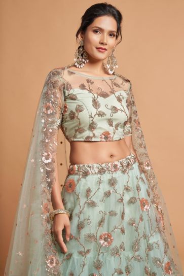 Sea Green Color Alluring Net Fabric Sangeet Wear Lehenga With Embroidered Work