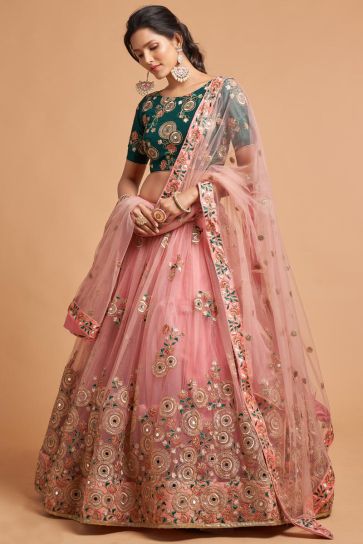 Sangeet Wear Peach Color Net Fabric Patterned Lehenga With Embroidered Work