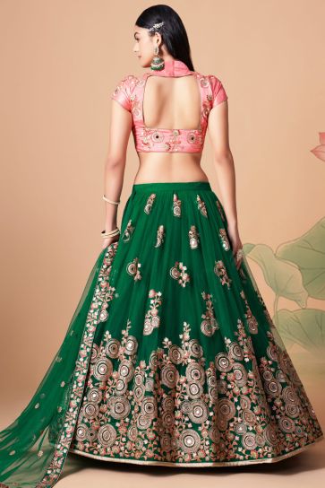 Excellent Net Fabric Green Color Lehenga Choli In Sangeet Wear