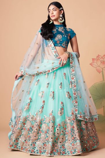 Tempting Net Fabric Light Cyan Color Lehenga Choli In Sangeet Wear