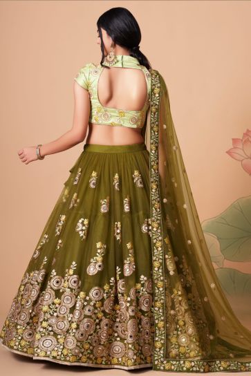 Charming Mehendi Green Color Net Fabric Lehenga Choli In Sangeet Wear