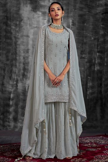 Function Look Grey Color Inventive Sharara Suit In Georgette Fabric
